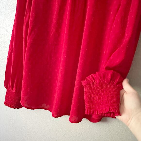 LOFT Red Mock Neck Tie Back Long Sleeve Circle Jacquard Blouse women's size XL - Picture 3 of 10